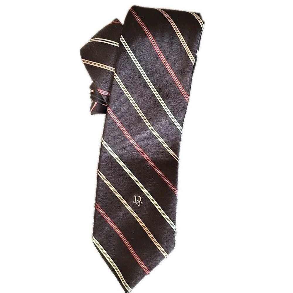 Vintage Christian Dior Brown Repp Striped Silk Tie Embroidered Logo 58"